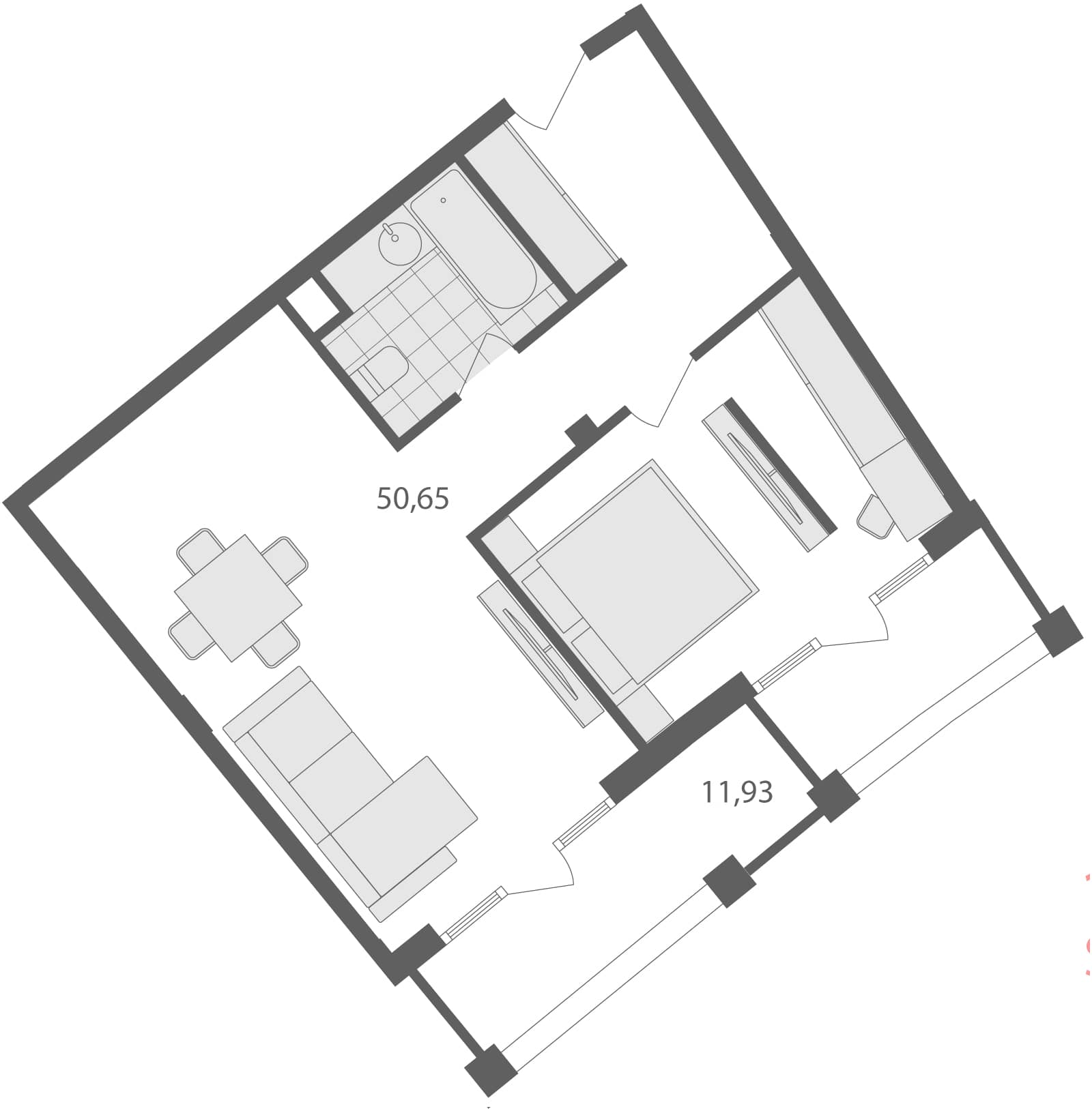 一居室, 62.6 m²
