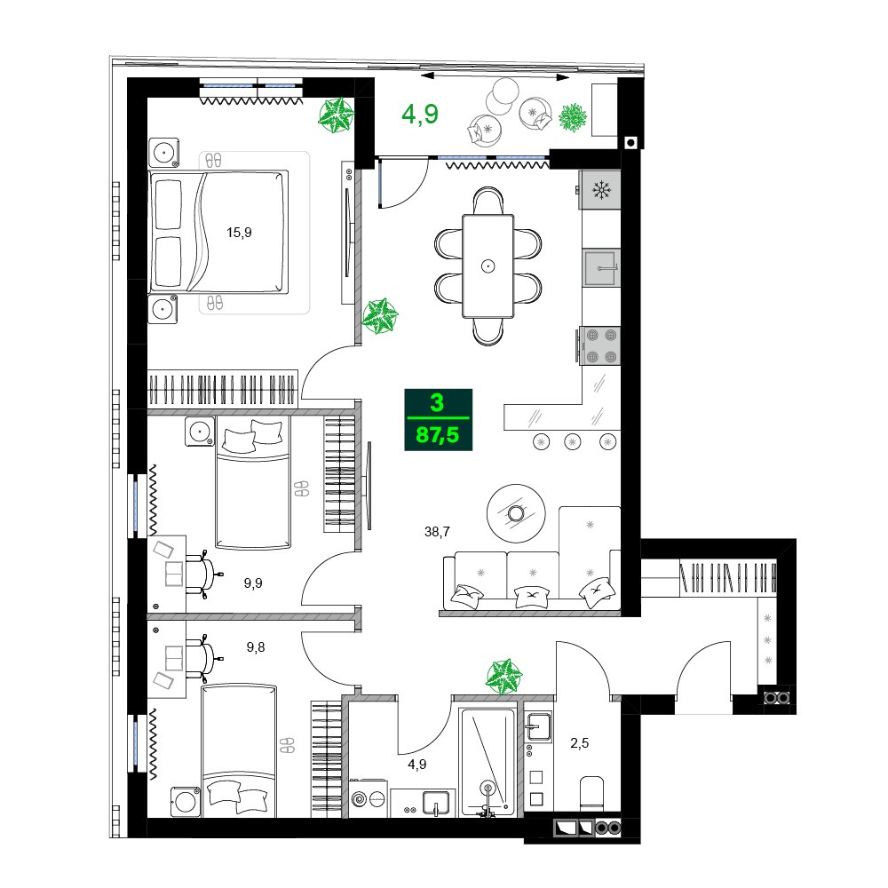 4-комн., 87.5 м²