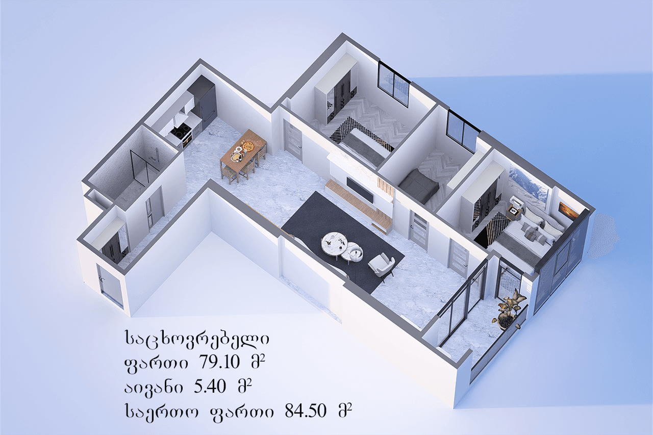 3-ოთახიანი, 84.5 მ²