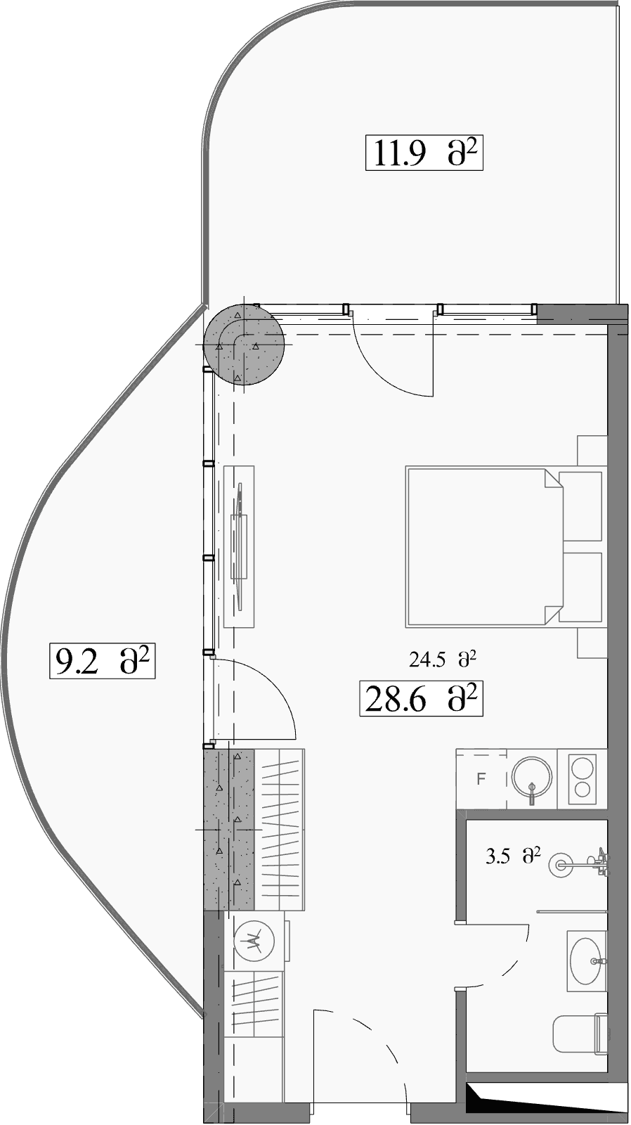 استوديو, 49.7 م²