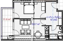 一居室, 61.7 m²