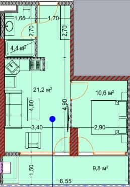 1-room, 45.5 m²