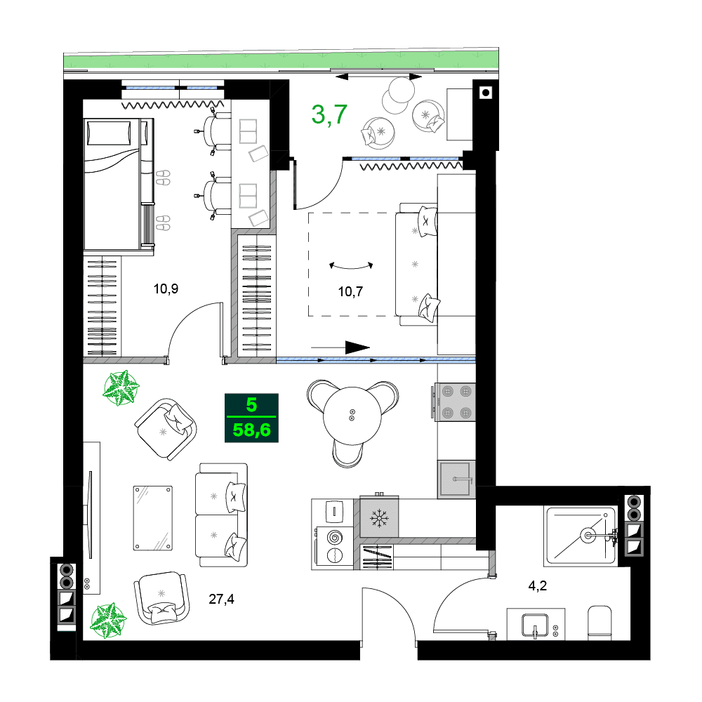 三居室, 58.6 m²