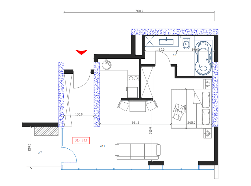 Студия, 52.4 м²