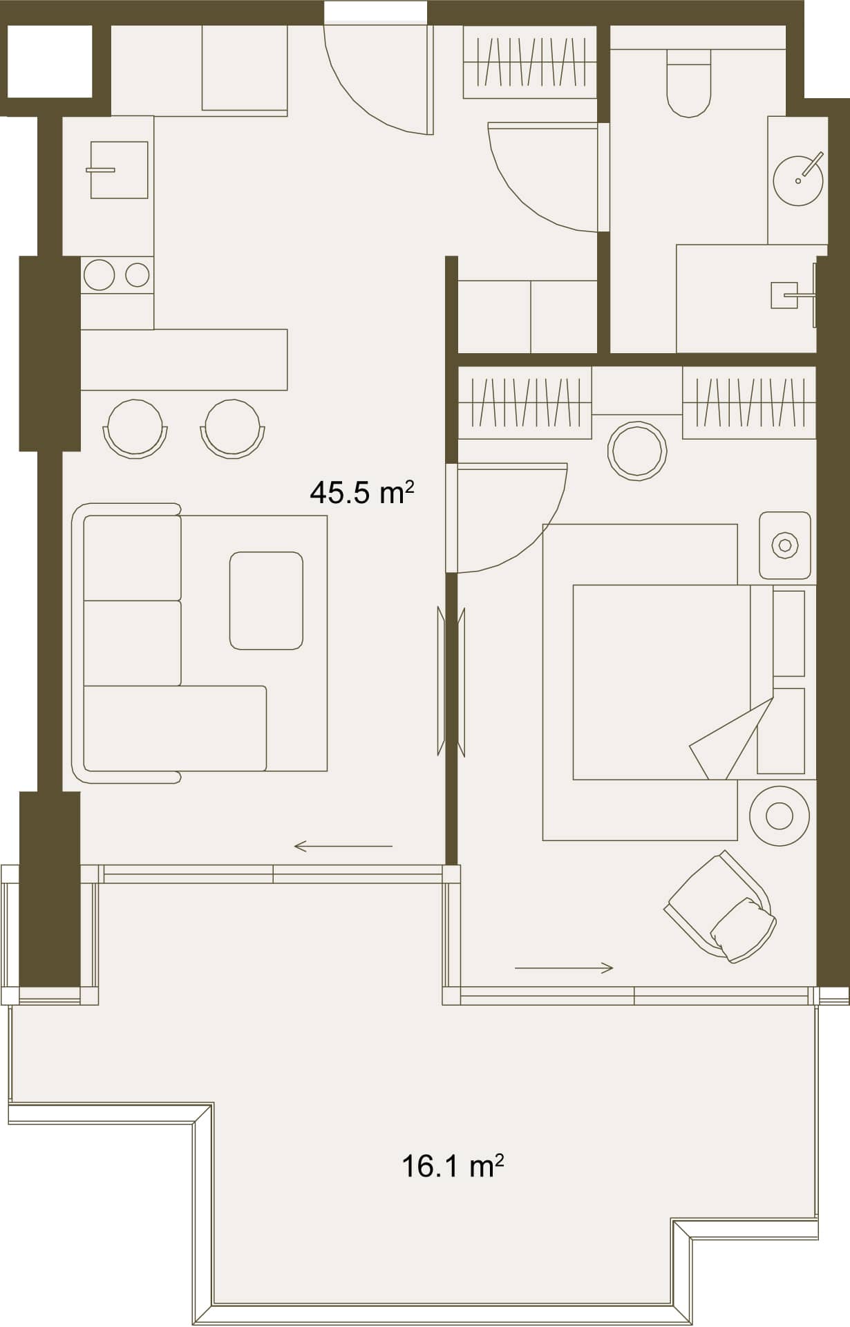 1-room, 61.6 m²