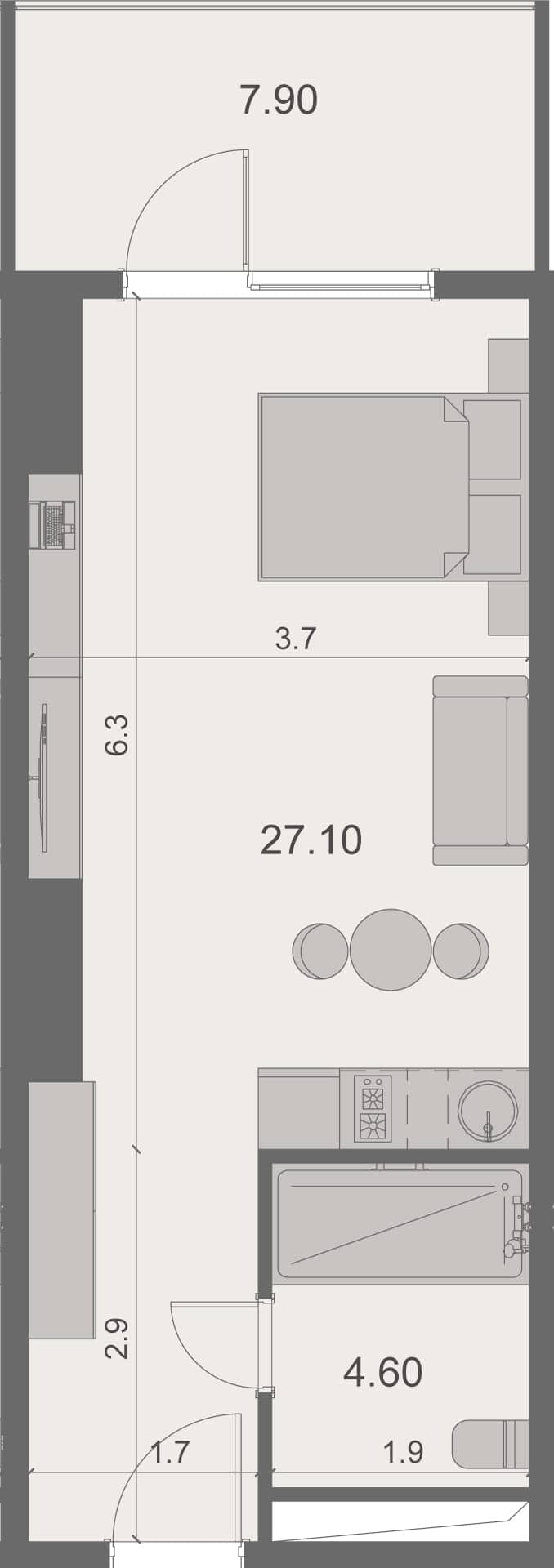 单间, 39.5 m²