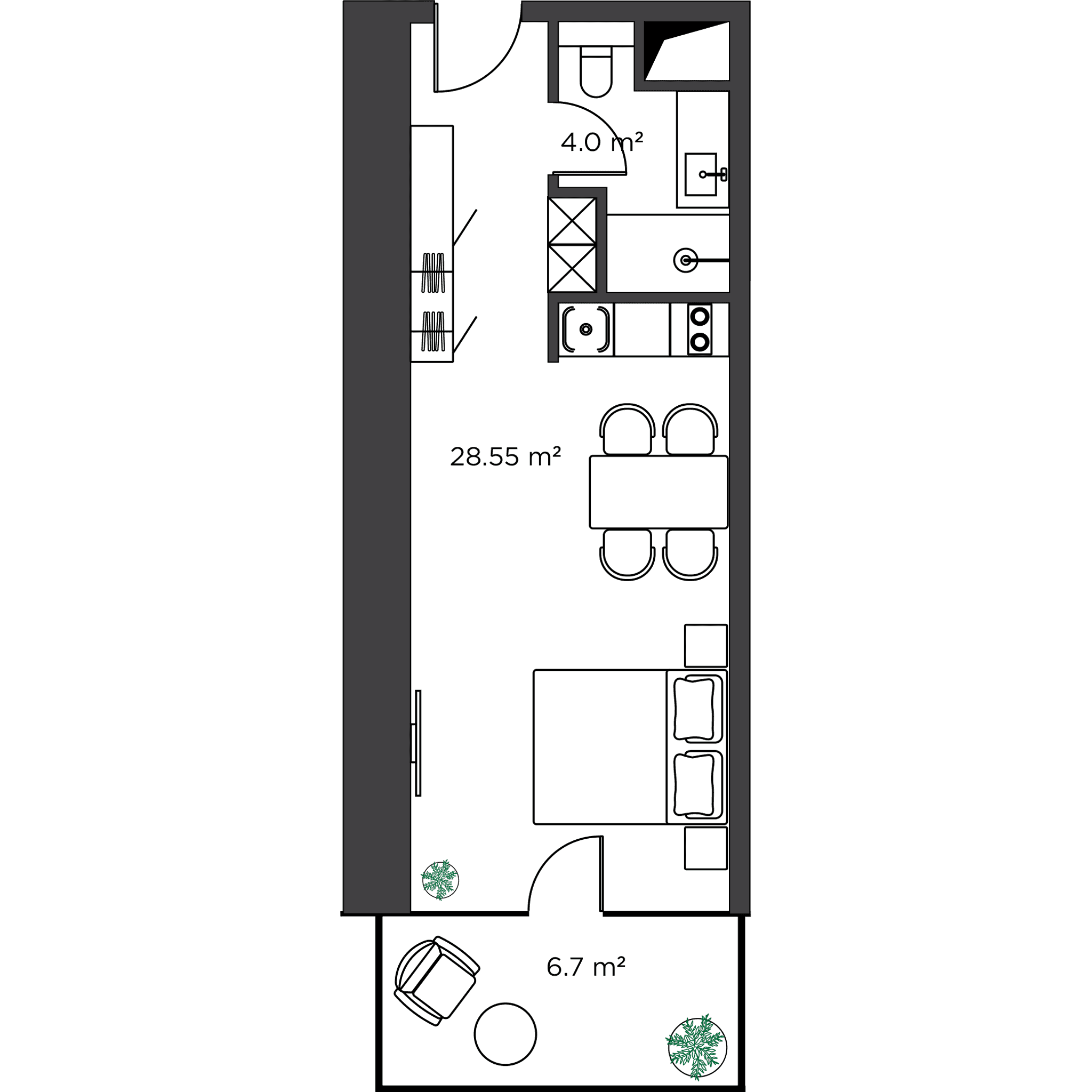 استوديو, 39.7 م²