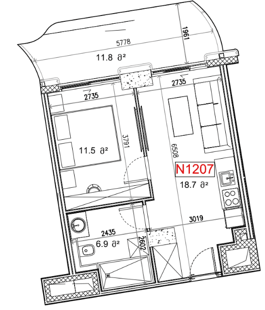 1-room, 48.9 m²