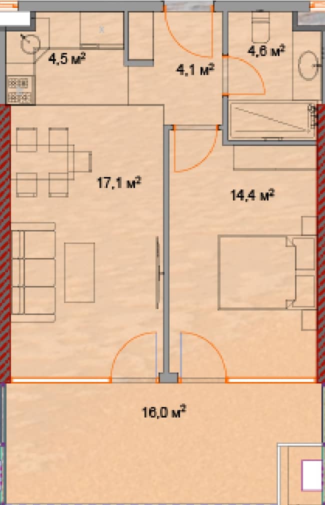 一居室, 62.4 m²