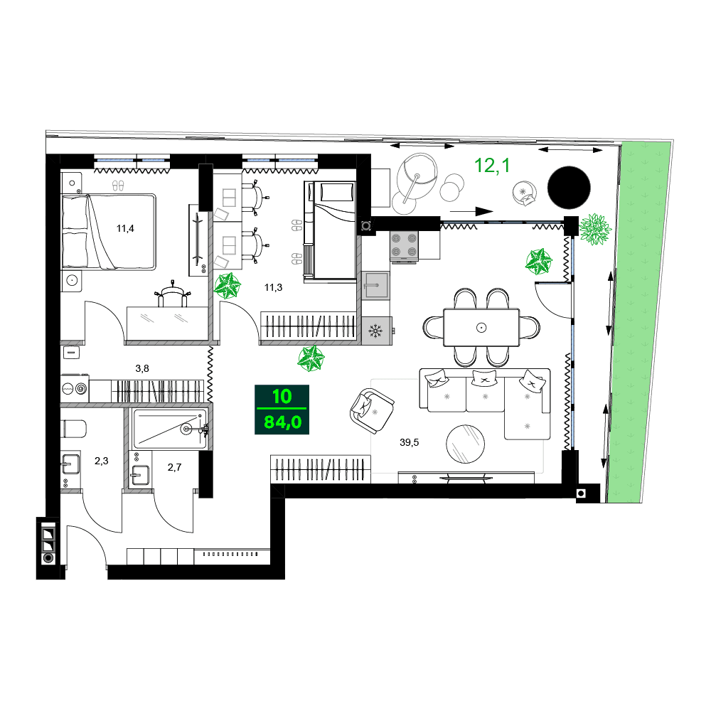 三居室, 84 m²