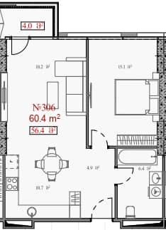 شقة بغرفة واحدة, 60.4 م²