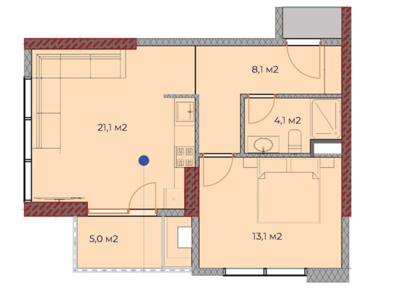 1-room, 55.4 m²