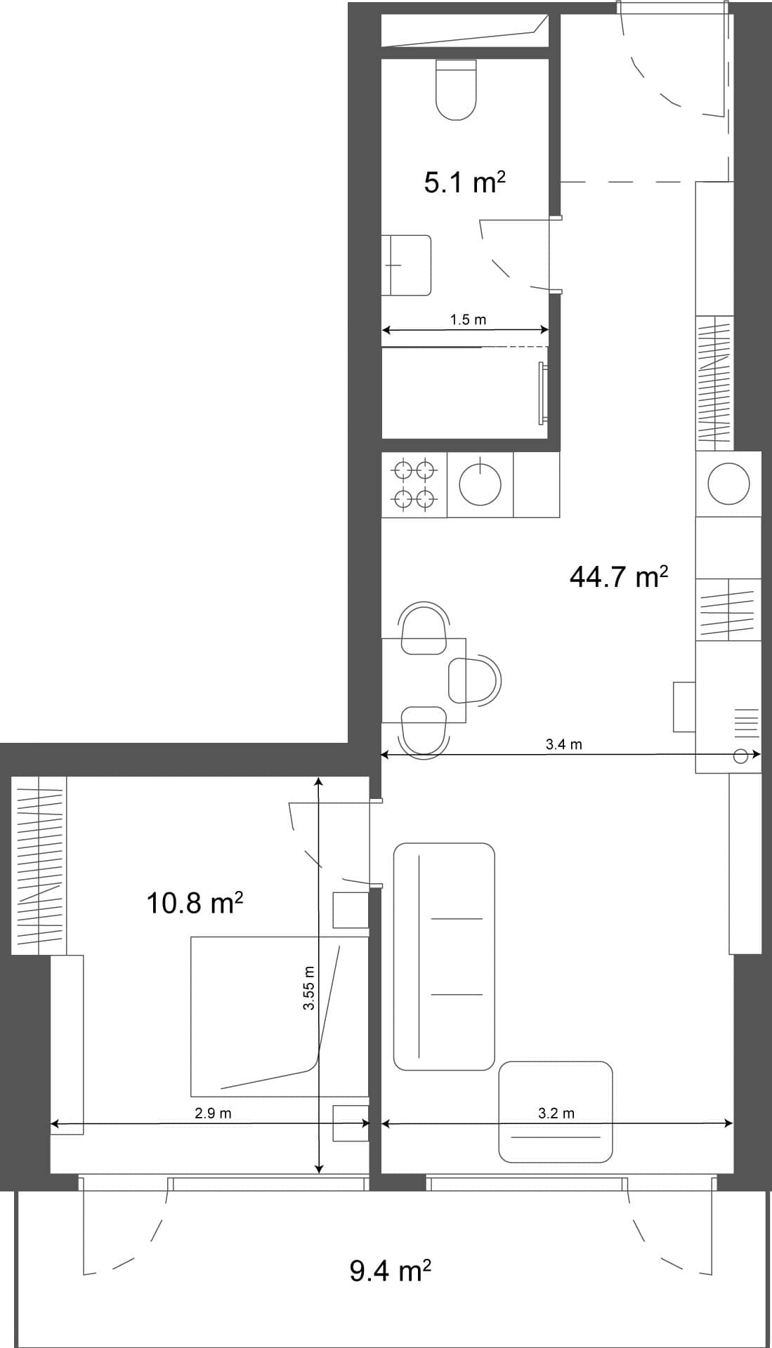 1-room, 54.1 m²
