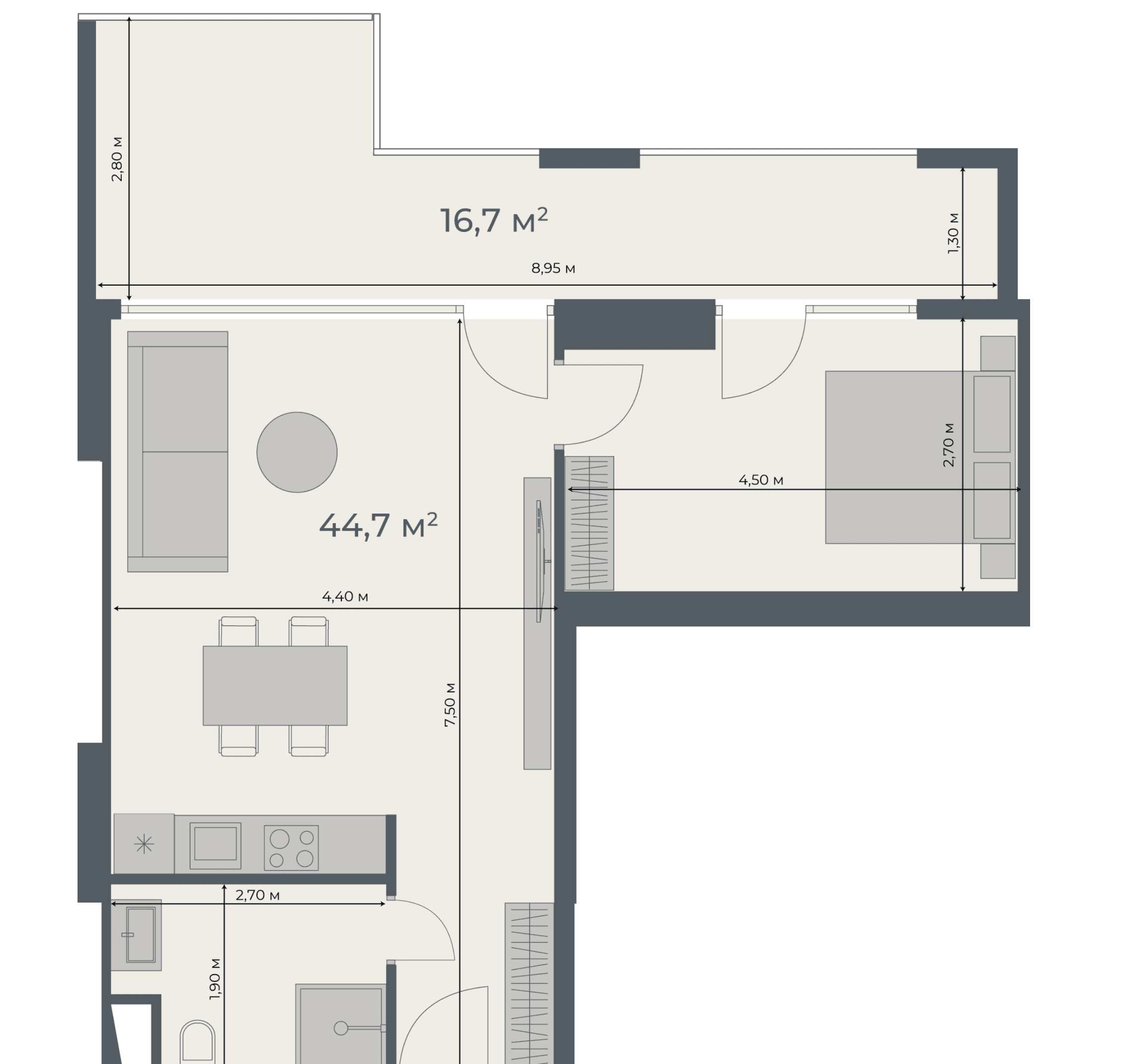 一居室, 61.4 m²