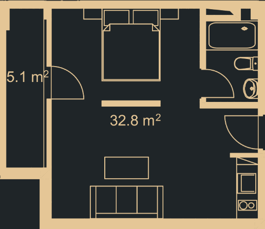 استوديو, 36.9 م²