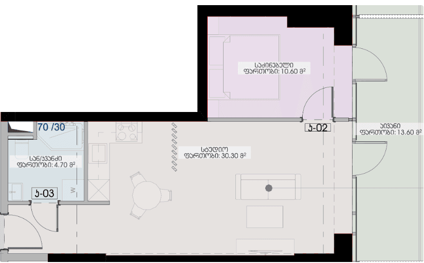 一居室, 59.2 m²