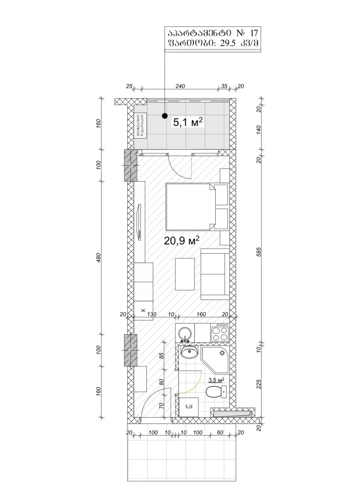 单间, 29.5 m²